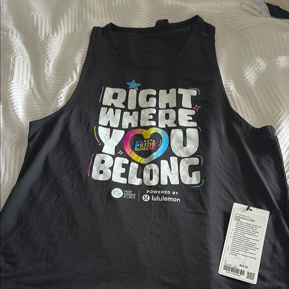 Men’s Lululemon Pride Run License to Train Black Graphic Tank Top - Large NWT